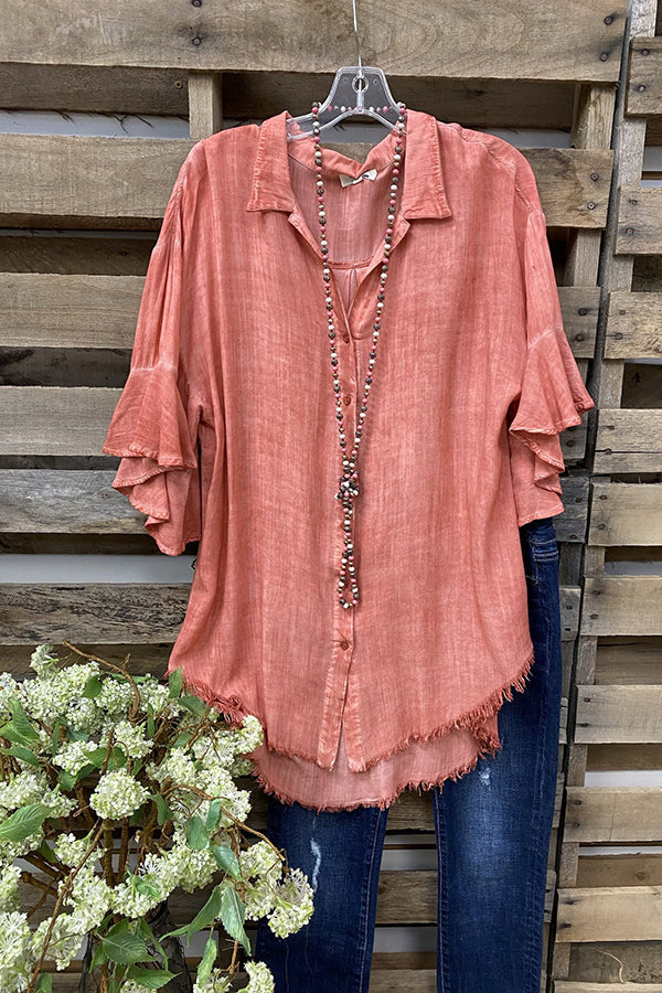 Washed Distressed Brushed Ruffle Sleeve Shirt