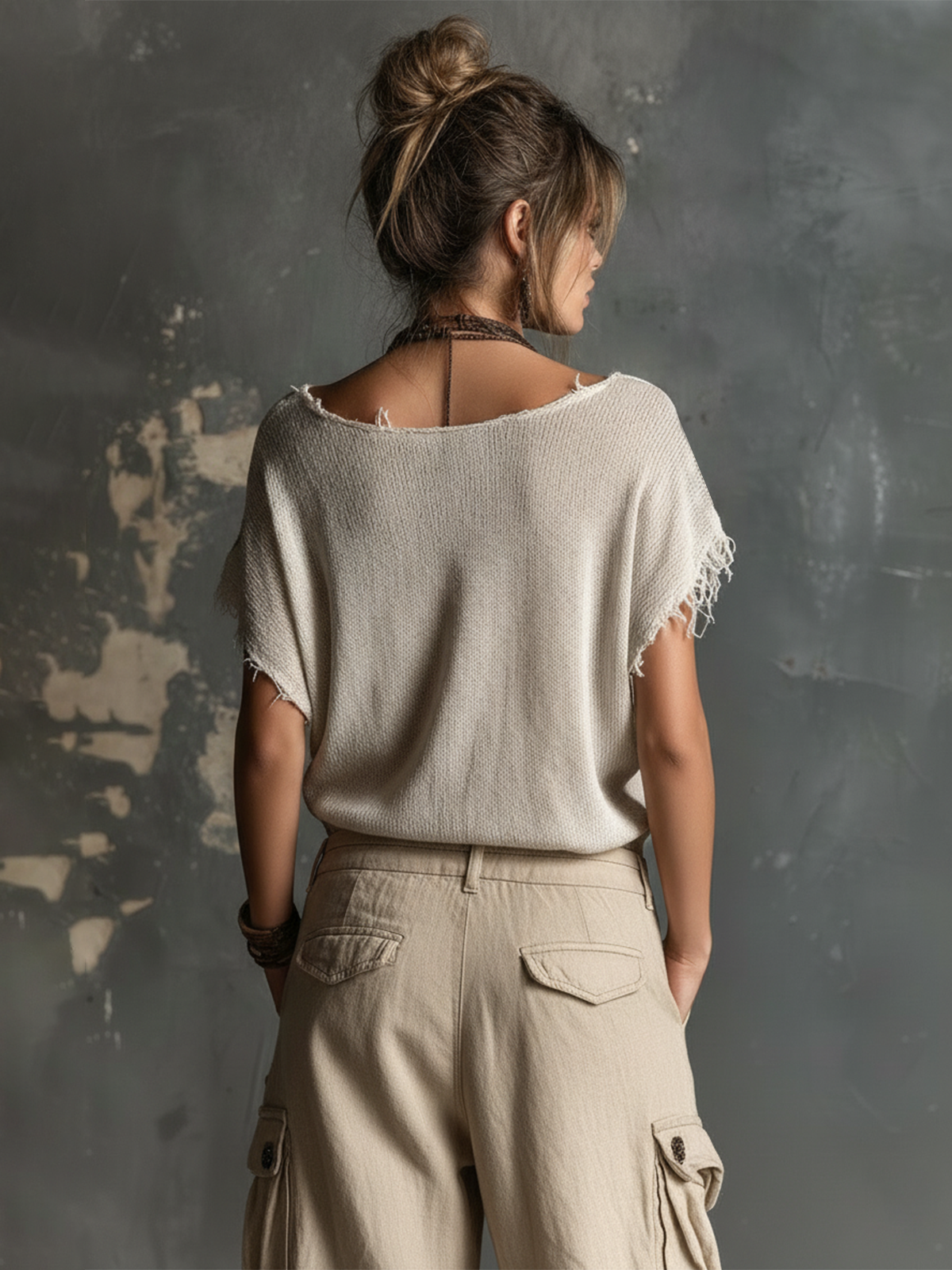 Chic Casual White V-Neck Star Jacquard Raw Edge Dolman Sleeves Loose-Fit Knit SweaterTop