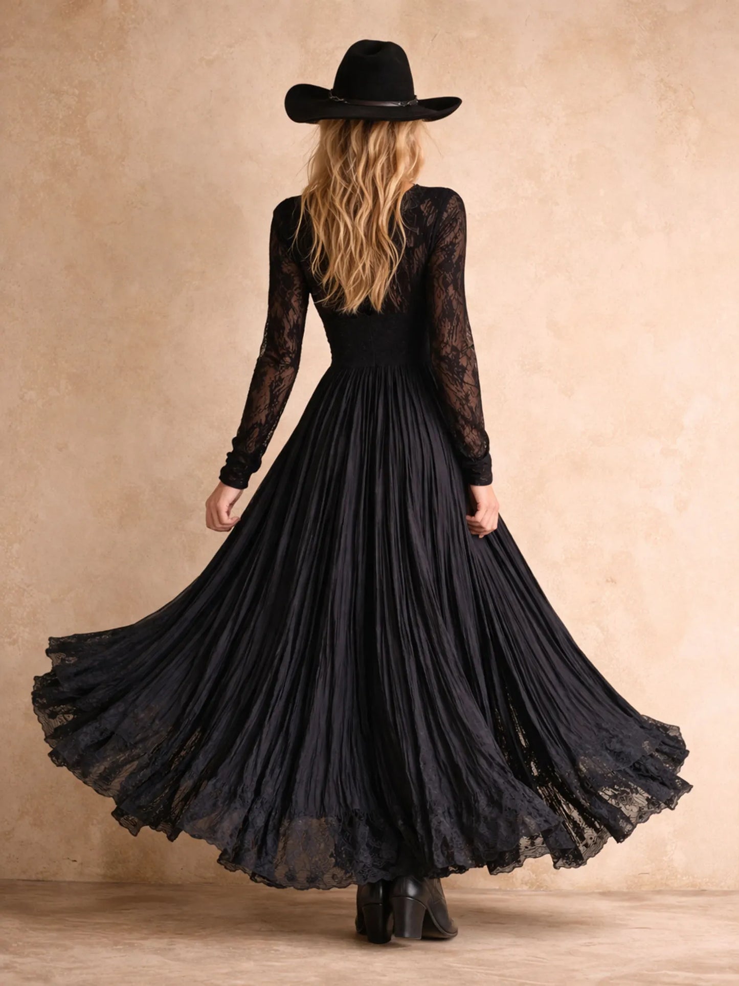 Effortless Rockstar Boho Style, Classic Black, Sheer Long Sleeves and Front Opening, Soft Touch Rayon, Bohemian Lace Maxi Dress