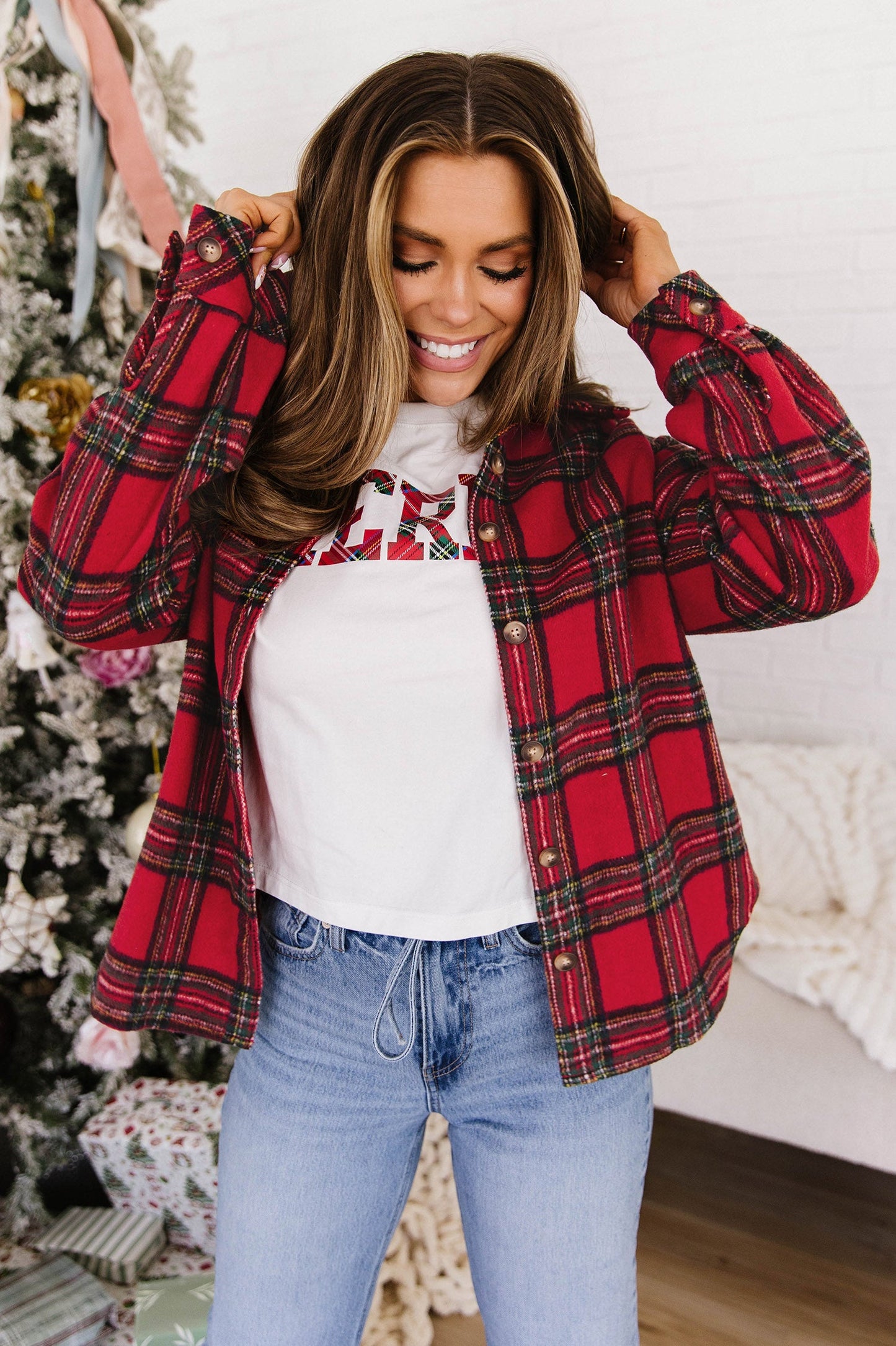 Red Plaid Button Front Shacket