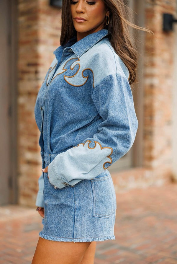 Rodeo Row Long Sleeve Button Denim Romper