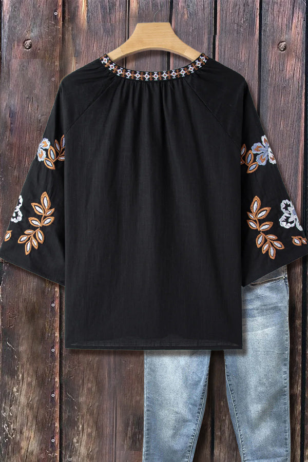 Floral Embroidered V-Neck Three Quater Sleeve Top