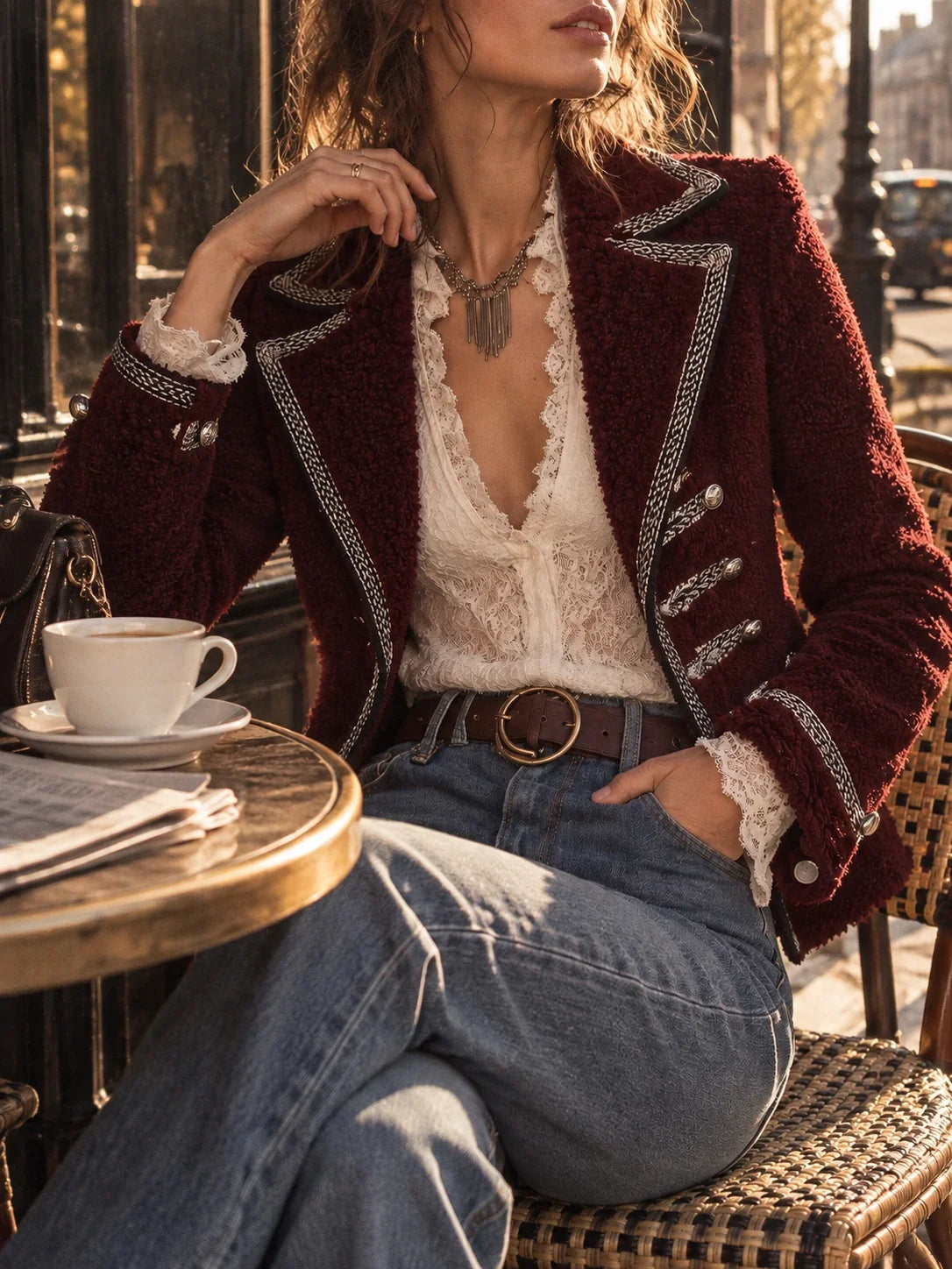 Women's Contrast Trim Burgundy Teddy Fleece Military Jacket
