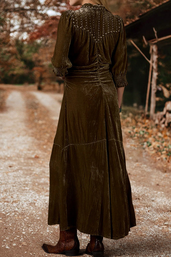 Vintage Charming Studded Velvet Buttoned Maxi Dress