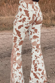 Cow Print Fringed Flared Pants