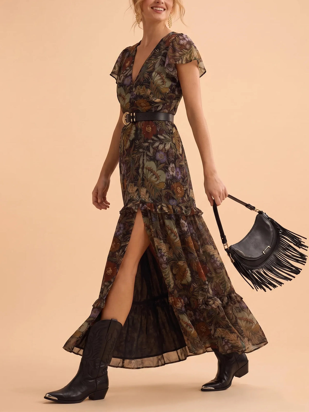 Western Dress — Earthy Khaki Plunging V-Neck High Slit Georgette Maxi Dress