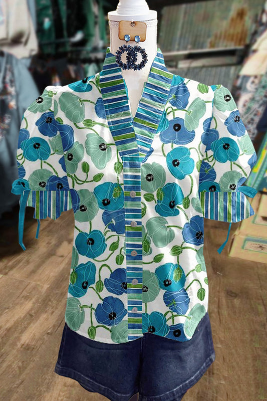 Colorful Floral Print Ruffle Neck Top