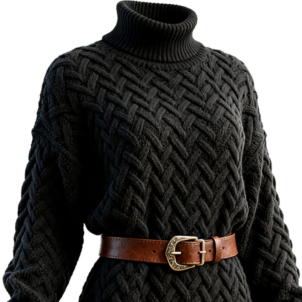 Women's Vintage Black Cable Knit Turtleneck Sweater Dress