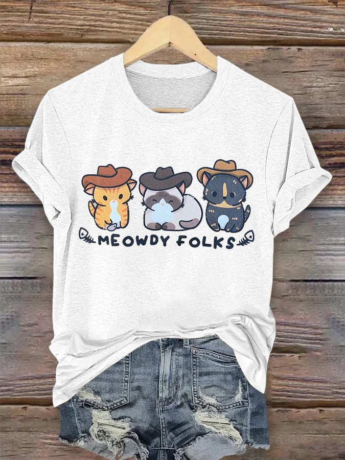 Women's Meowdy Folks Cat Print Crew Neck T-Shirt