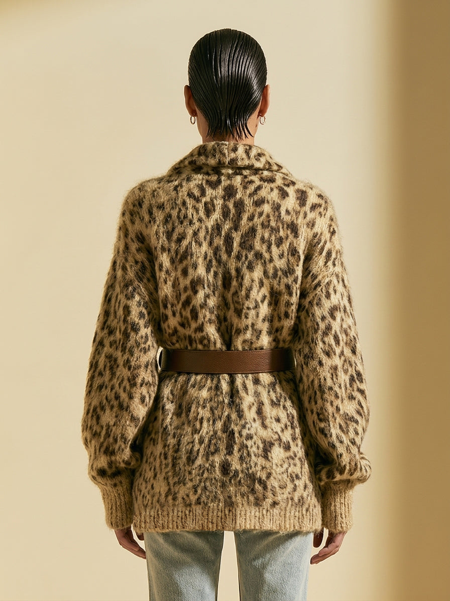 Women's Oversized Leopard Print Fuzzy Knit Cardigan