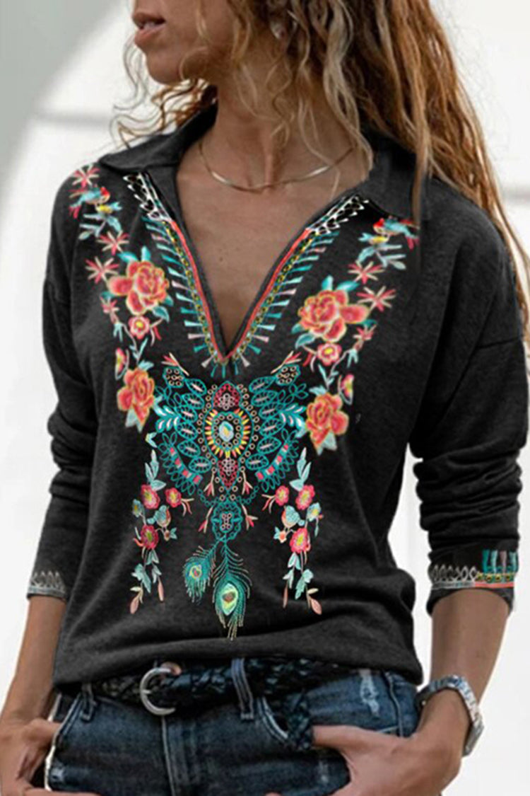 Fashion V-neck Tribal Print Long Sleeve Casual T-shirt