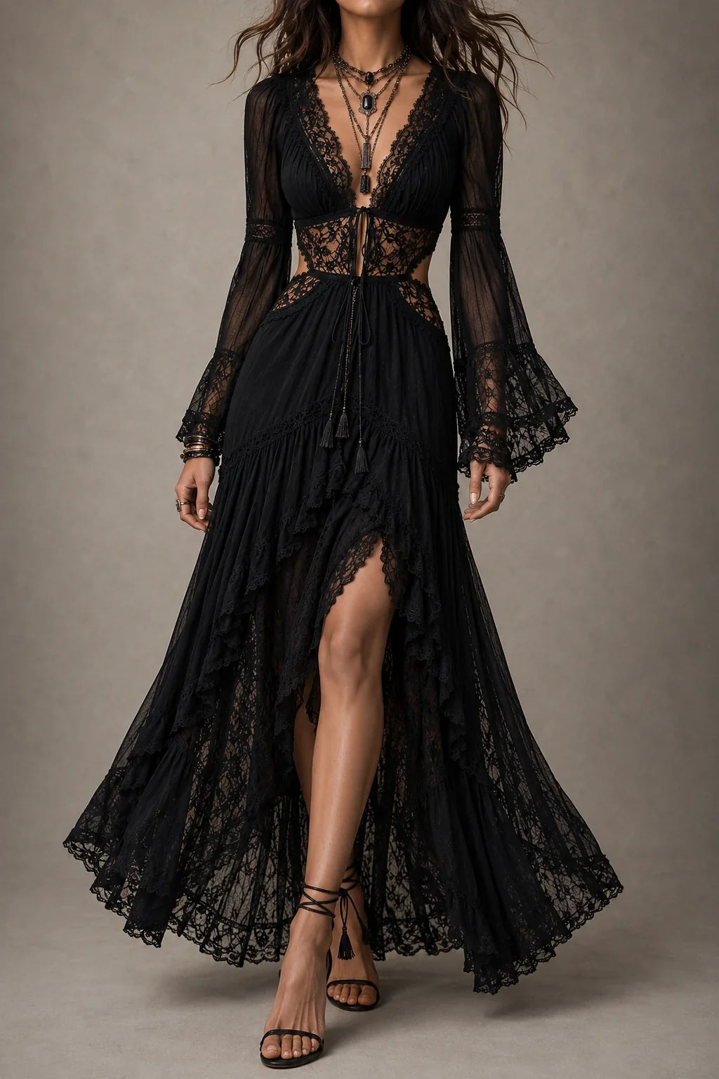 Black Lace Bell Sleeve Deep V Boho Maxi Dress
