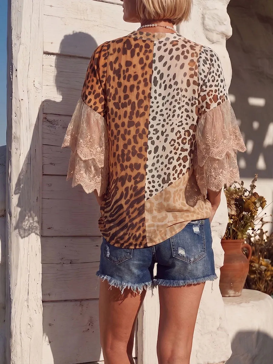 Vintage Art Comfortable Summer Fabrics Sheer Leopard Print Chiffon Patchwork Lace Shirt