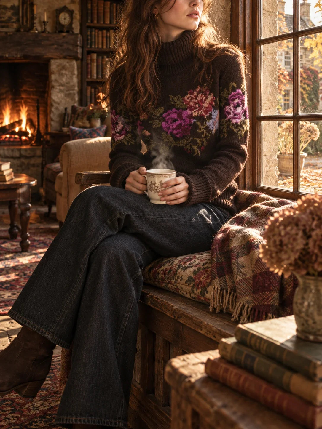 Oil Painting-style Floral Knit Sweater