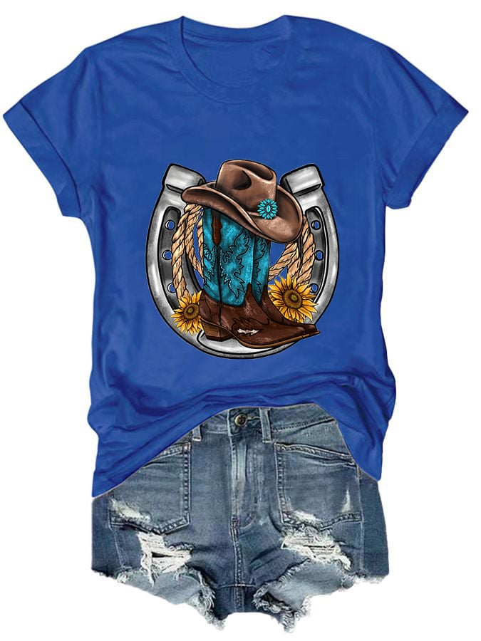 Women's Turquoise Western Boots Print Short Sleeve T-Shirt