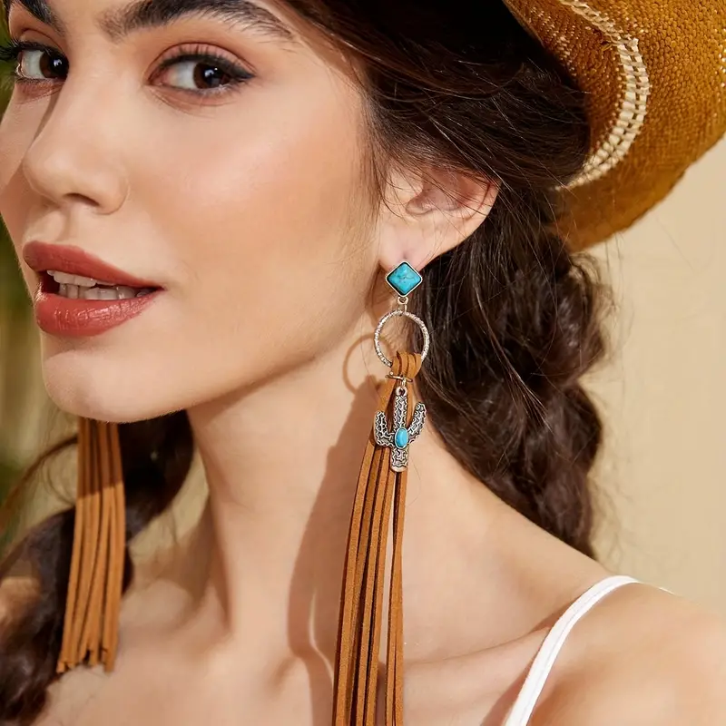 Long Tassel Dangle Earrings Inlaid With Turquoise & Artificial Leather Bohemian Cowboy Style Unique Statement Ear Decor