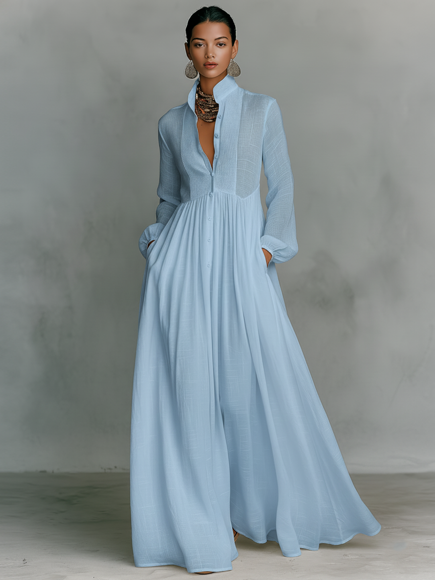 Women's Minimalist Tencel And Linen Patchwork Single-breasted Stand-up Collar Long-sleeved Maxi Dress