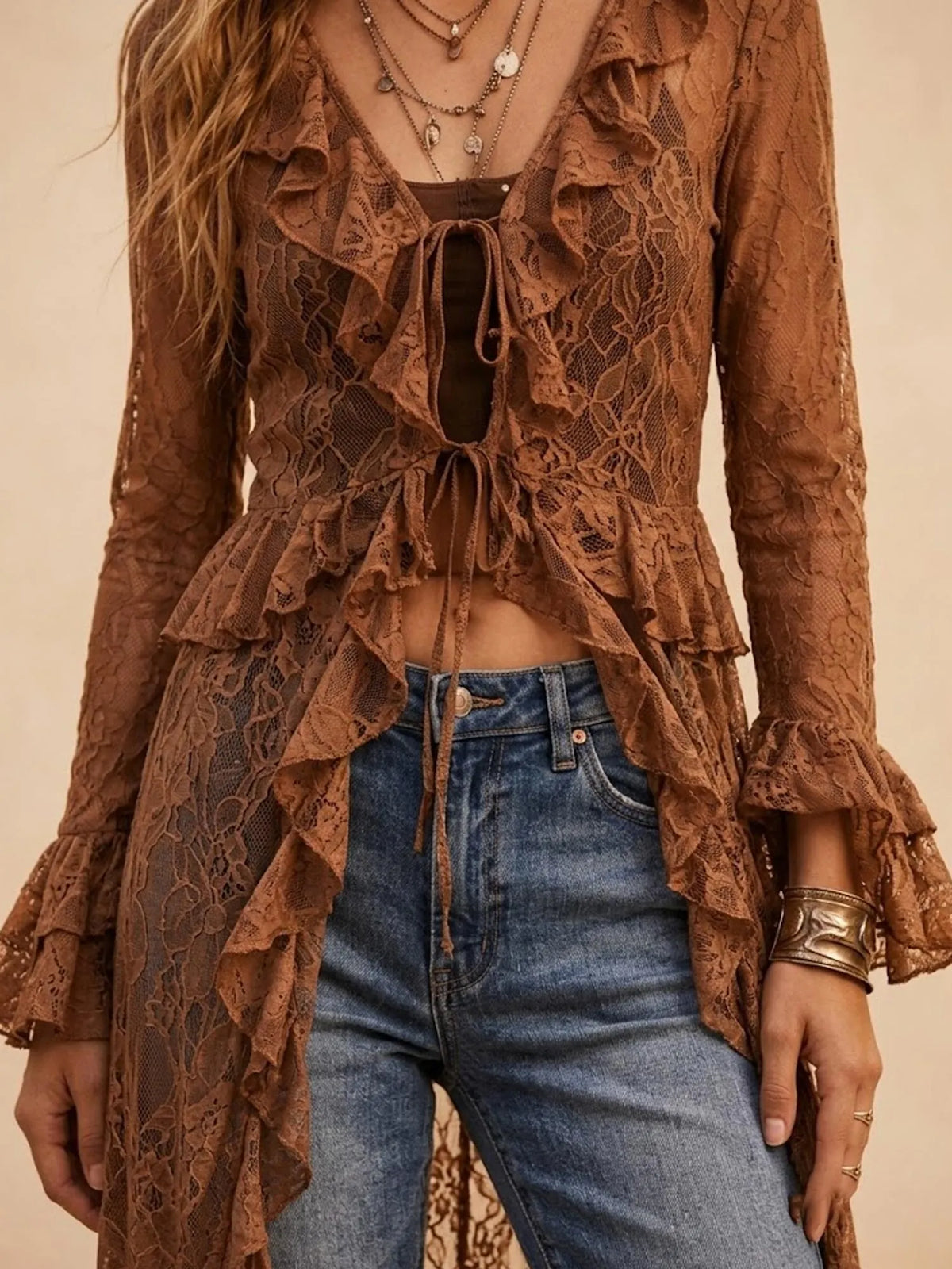 Perfect for a Western Music Festival & Outdoor Party — Women's Brown Tie-Front Ruffled Sheer Lace Duster Cardigan