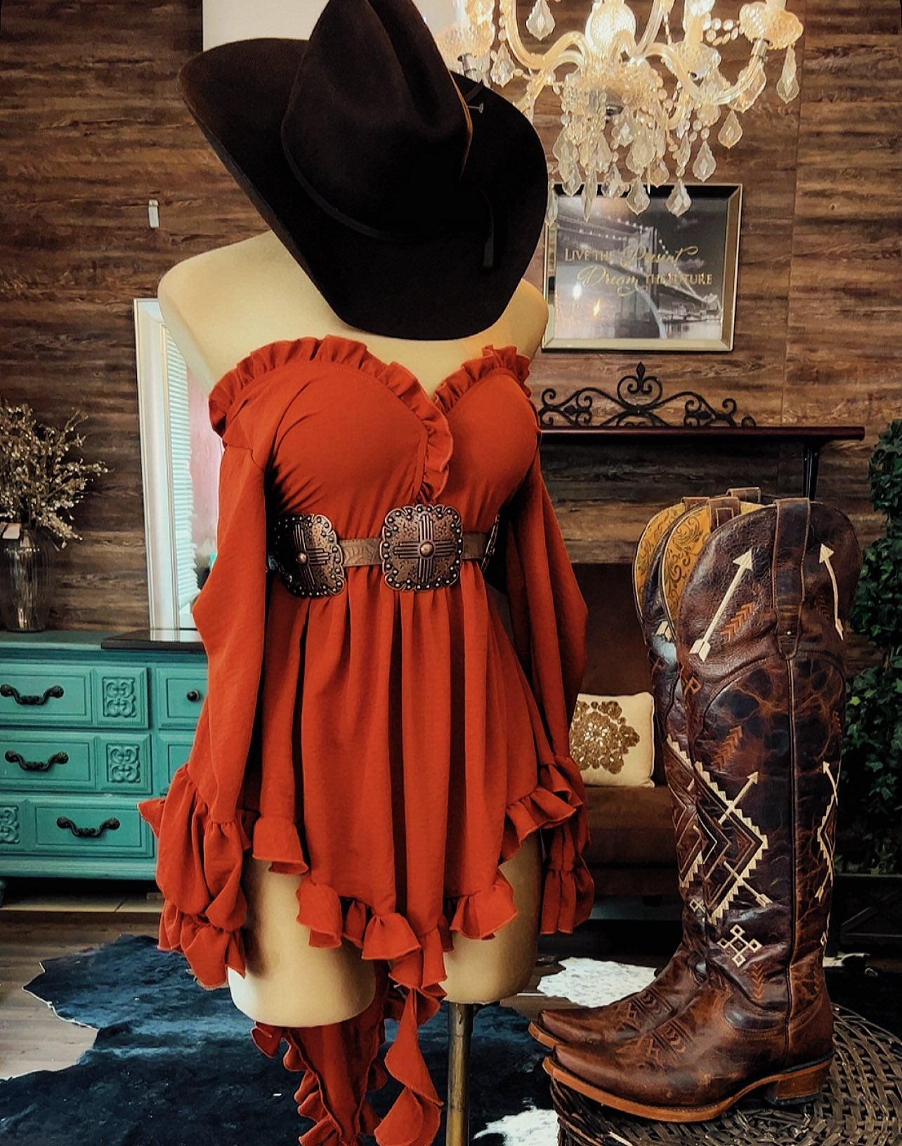 Western Ruffle Off-Shoulder High-Low Dress
