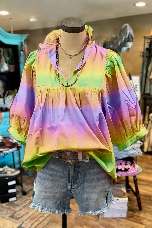 Cute Mardi Gras Tie Dye Puff Sleeve Blouse