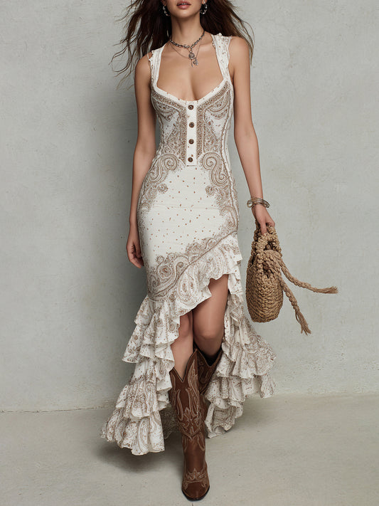 Cotton Blend Boho Maxi Dress With Ruffles And Embroidery For Women