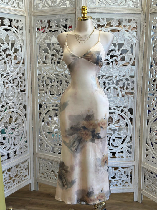 Vintage Floral Watercolor Satin Slip Dress