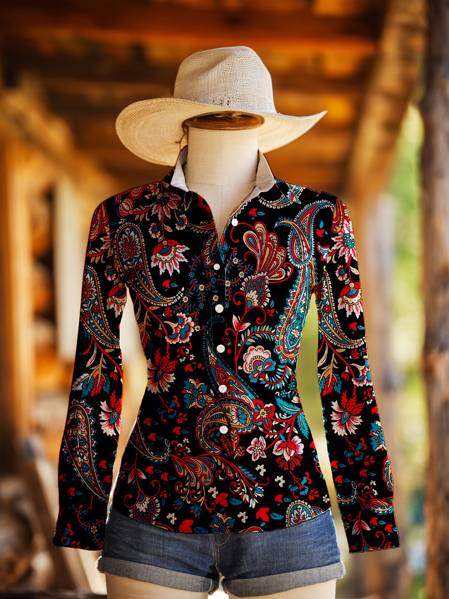 Women's Vintage Paisley Floral Print Western Long Sleeve Shirt