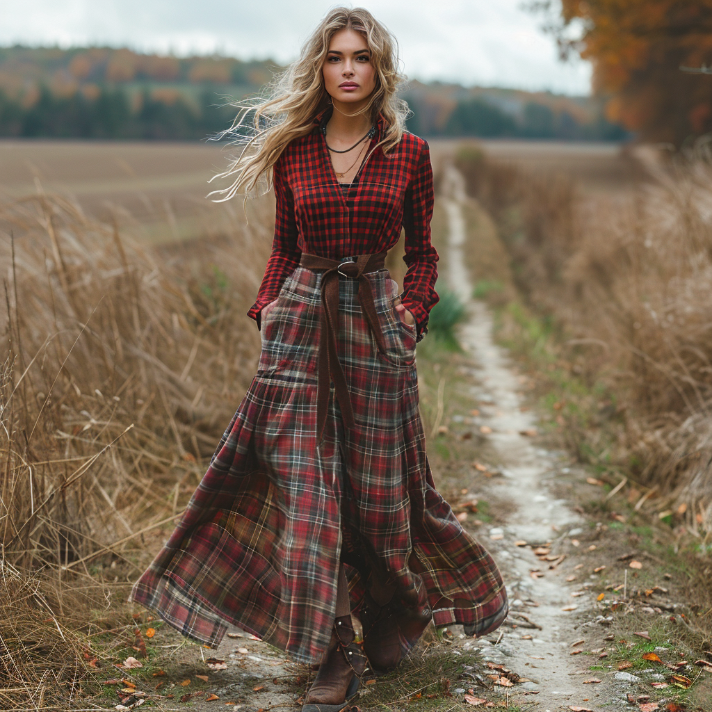 Retro V-neck Plaid Women's Long-sleeved Long Skirt Country Pastoral Retro Dress