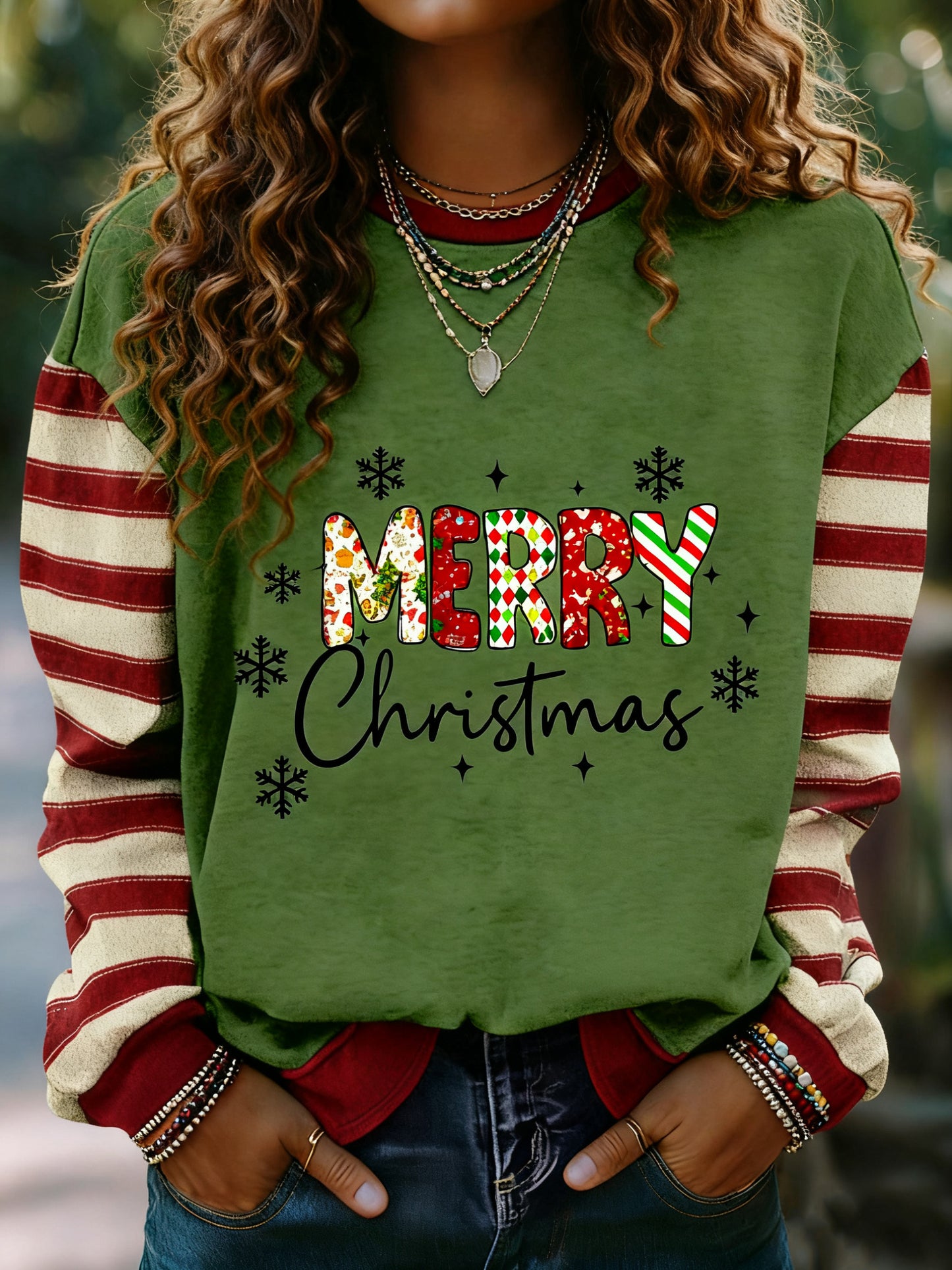 Merry Christmas Print Striped Long Sleeve Sweatshirt