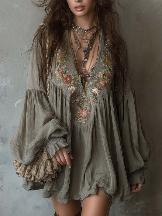 Bohemian Romance Embroidered V-Neck Mini Dress