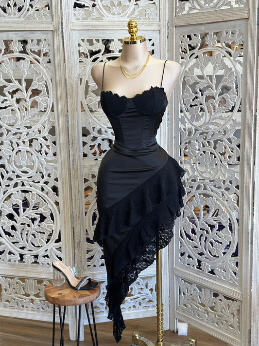 Black Asymmetrical Satin Dress