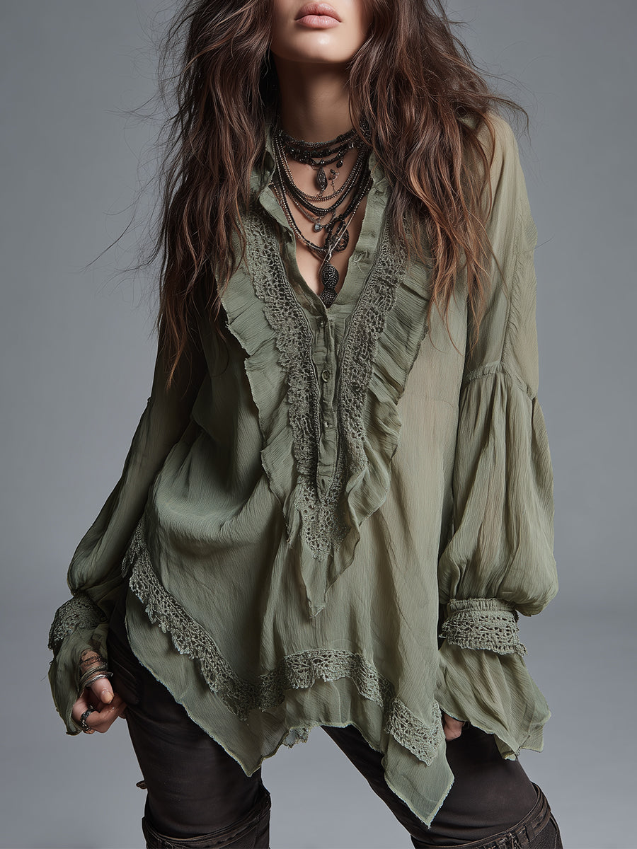 Bohemian-style Chiffon Blouse With Lace Trim