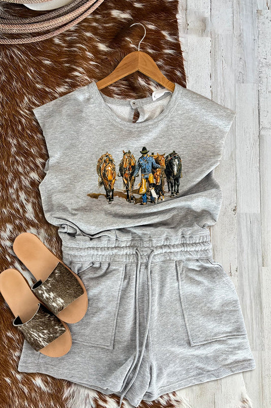 Western Cowboy Drawstring Sleeveless Romper