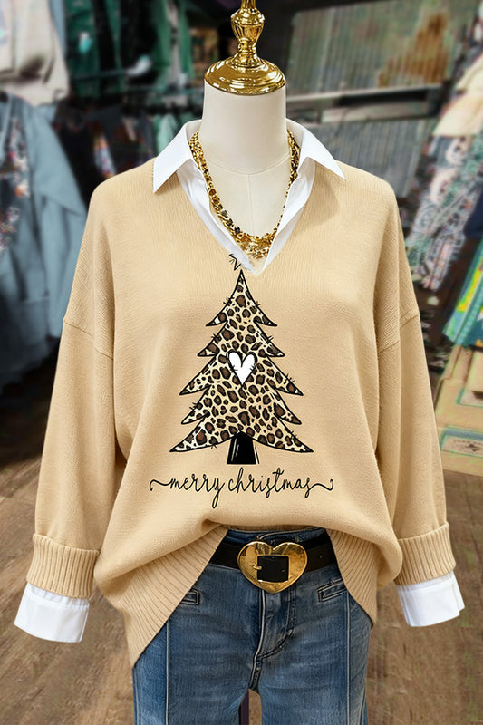 Christmas Tree Print Fake Collar Long Sleeve Sweater