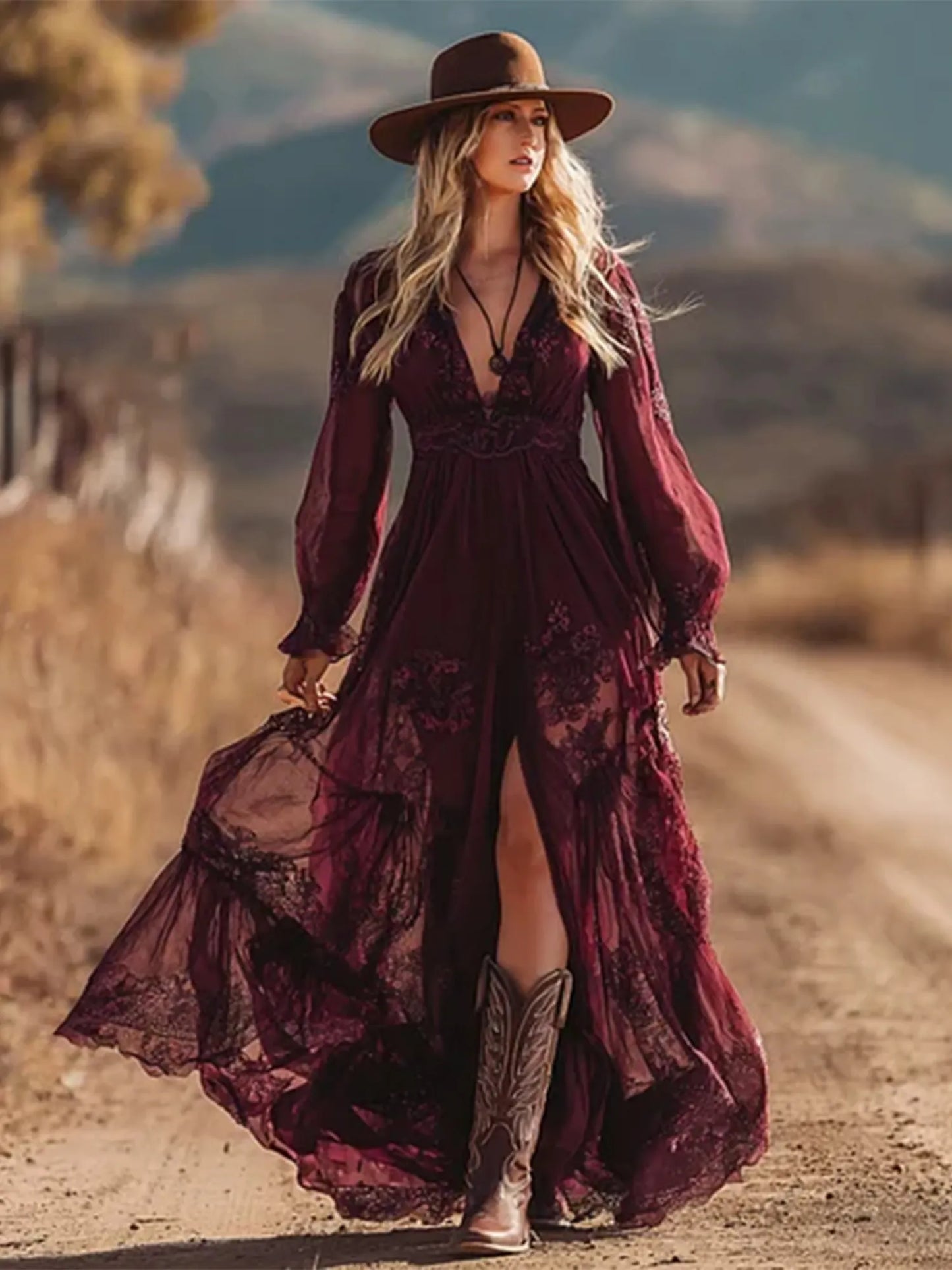 Ideal For Western Wedding Or Road Trip — Burgundy Embroidered Lace V-Neck Chiffon Boho Long Sleeve Maxi Dress