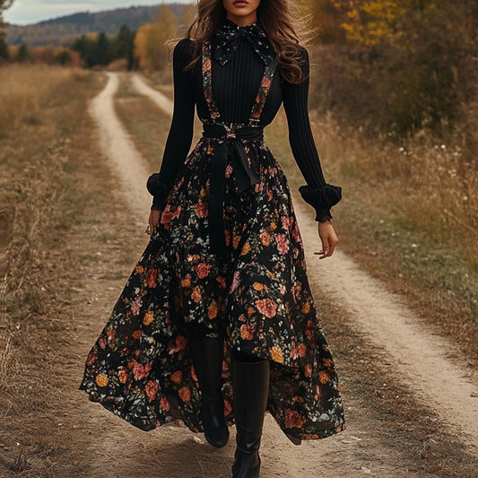 Women's Two-piece Bohemian Pastoral Suspender Floral Dress Autumn And Winter Retro Long Dress Two-piece Set