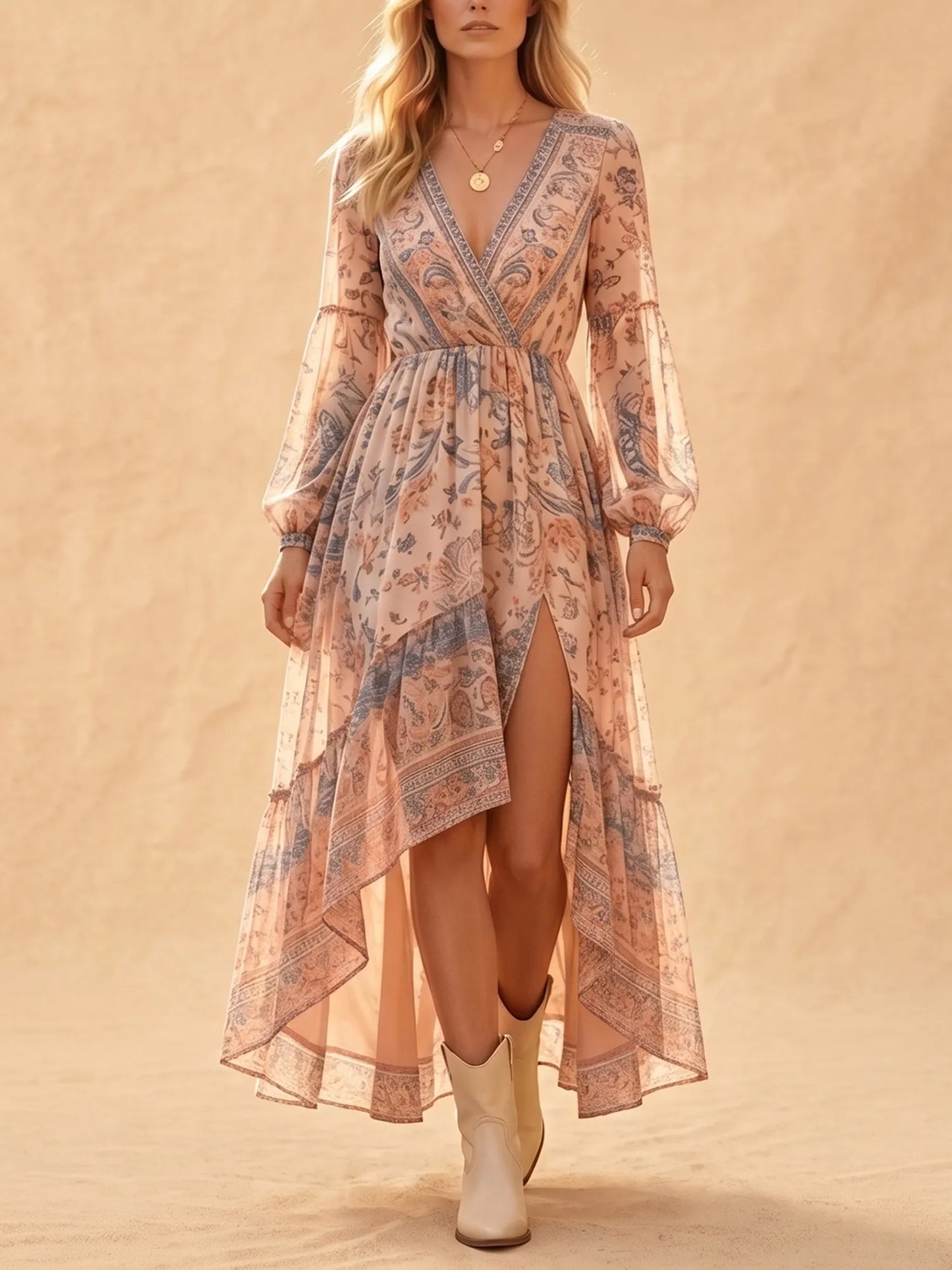 Western Dress — Charcoal Brown Plunging V-Neck Smocked Waist Chiffon Maxi Dress