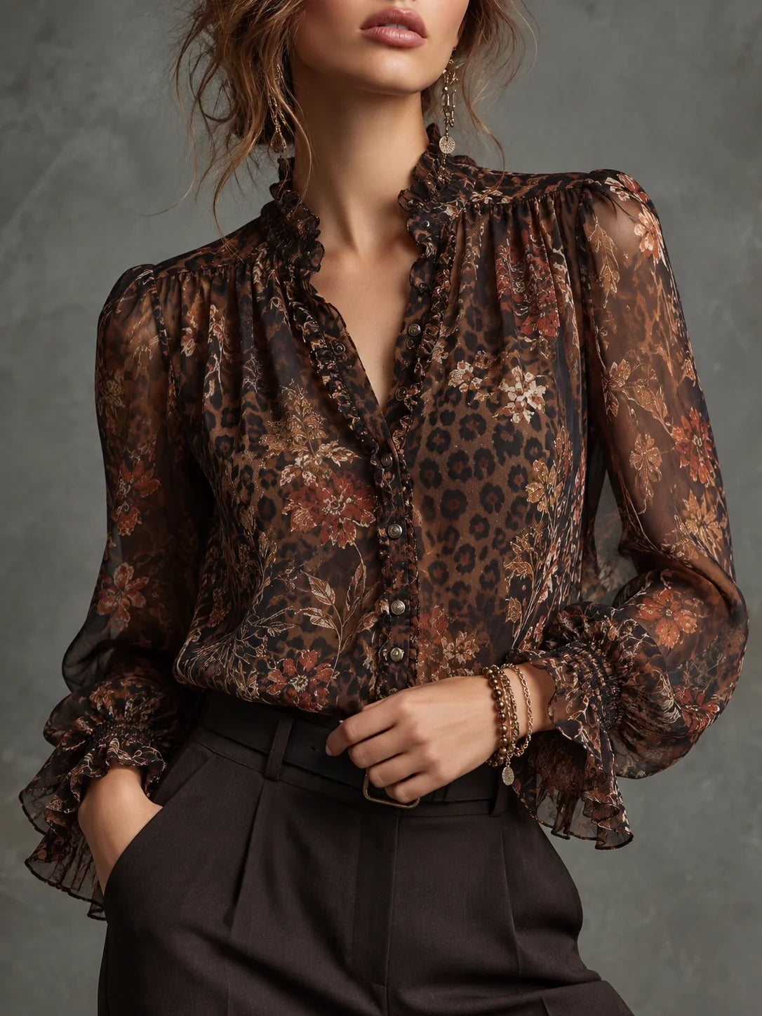 Floral Leopard-Print Ruffle Blouse