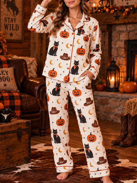 Women's Western Black Cat Pumpkin Halloween Long Sleeve Pants Suit
