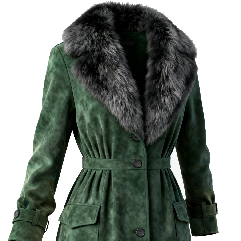 Women's Elegant Green Suede Coat With Fur Collar