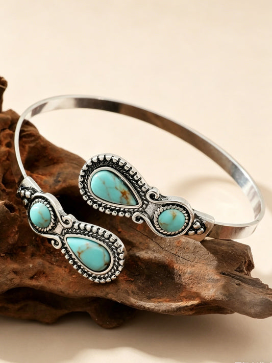 Ideal For Sunset Shoots — Vintage Silver Heavy Turquoise Inlay & Teardrop Sculpted Open Cuff High-Quality Lightweight Material Boho Chic Bracelet