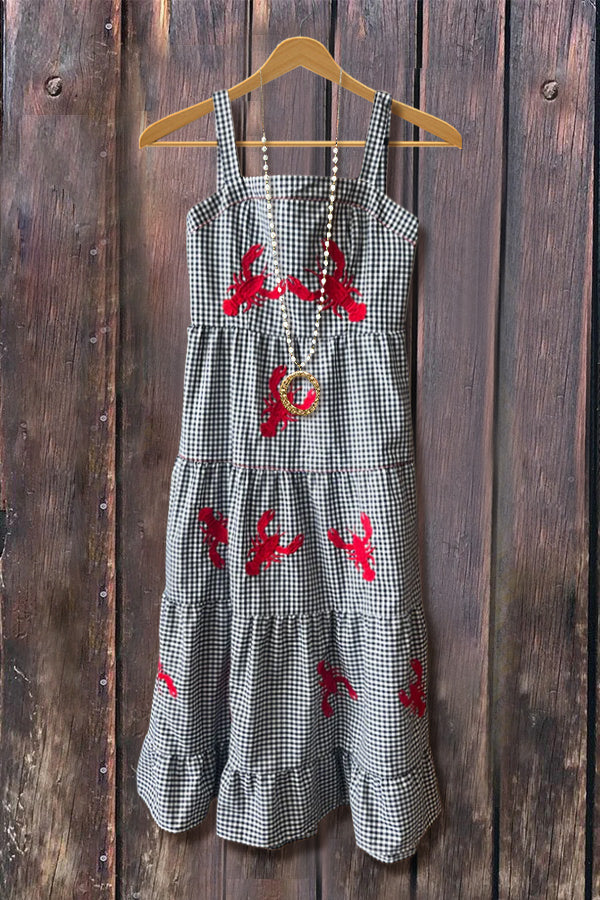 Lobster Embroidered Plaid Cotton Dress