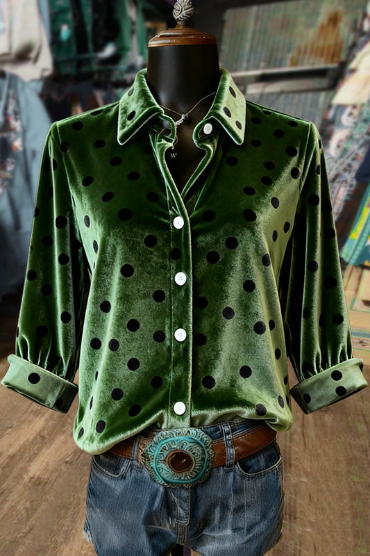 Dot Print Collared Velvet Top