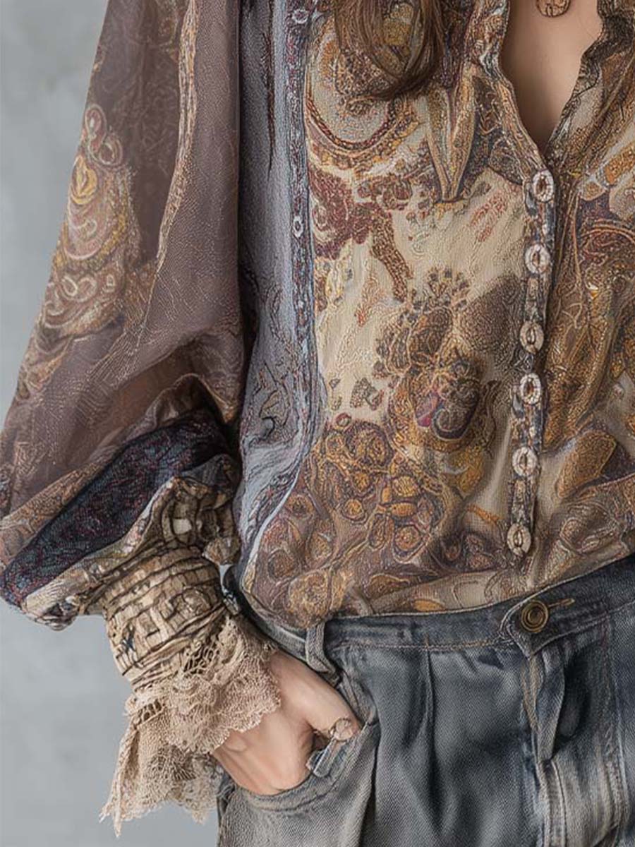 Vintage Paisley Sheer Blouse With Lace Cuff Detailing