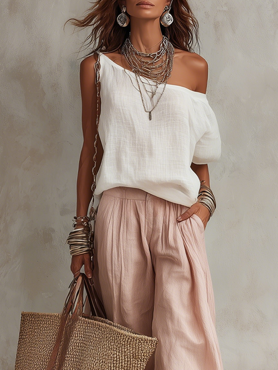 Pale Pink Sand Linen One Shoulder Top And Trousers Set