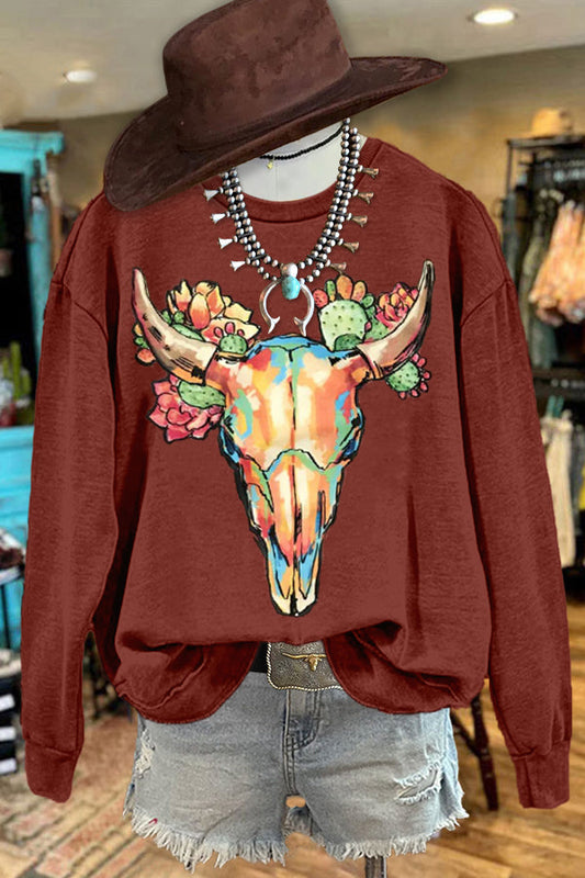 Retro Western Bull Head Print Sweatshirt