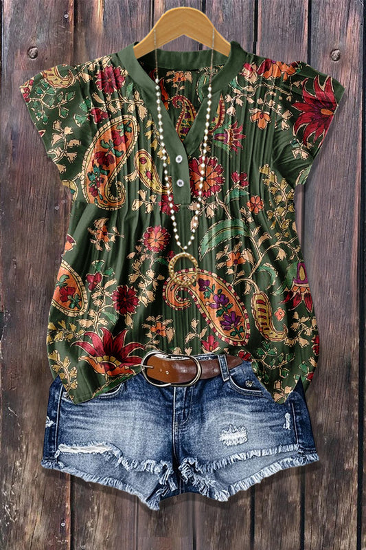 Chic Floral Print Flutter Sleeve Ribbed Top