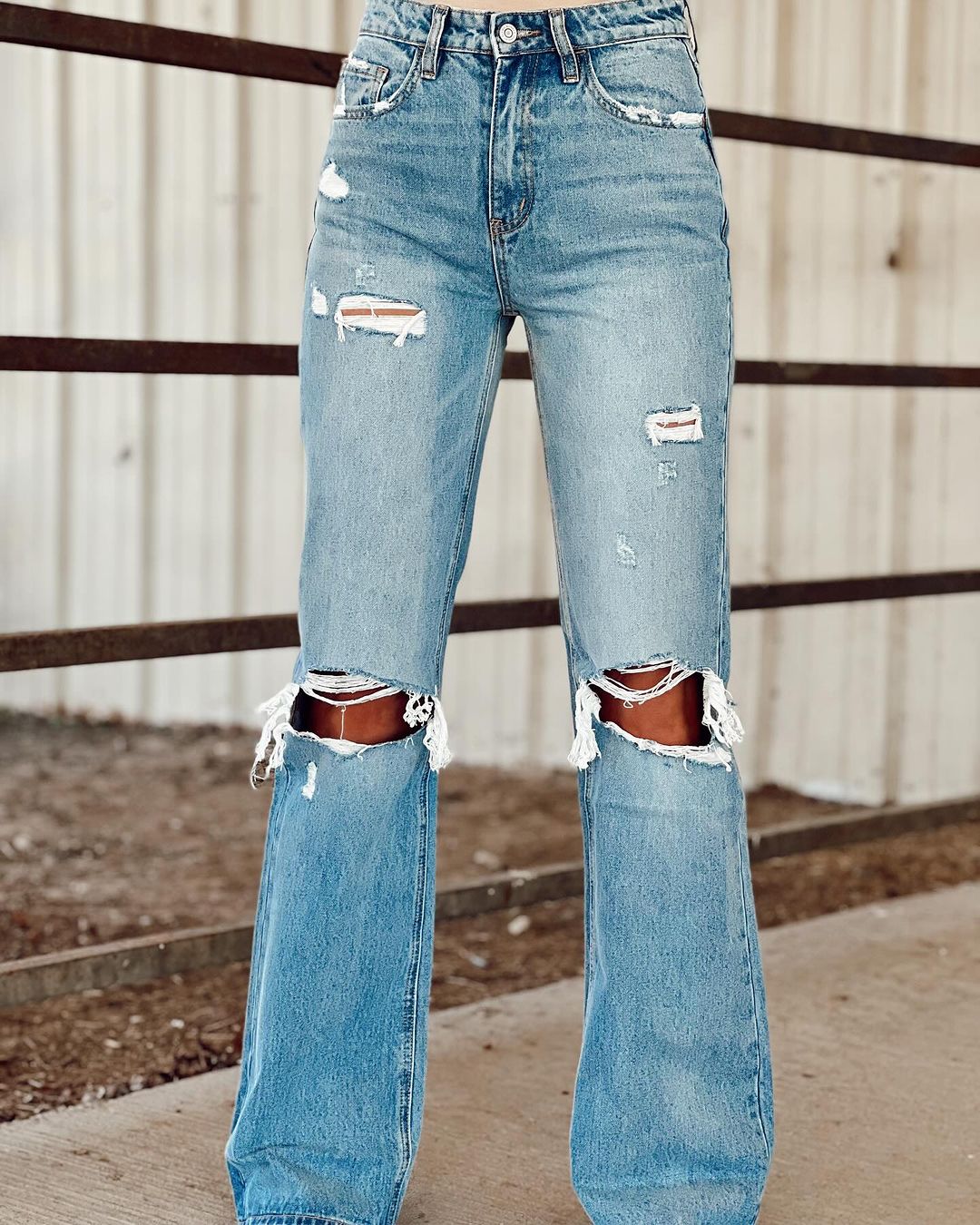 Fashion retro washed ripped wide-leg jeans