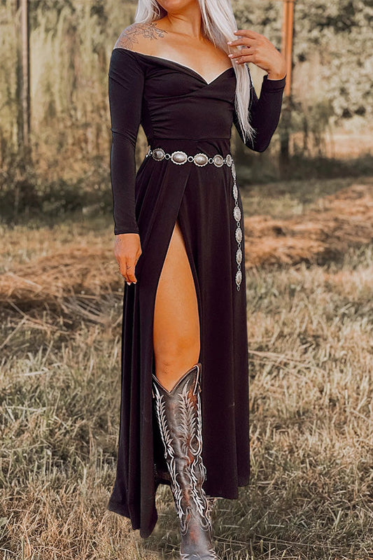 V-neck Off-the-shoulder Long-sleeve Slit Dress