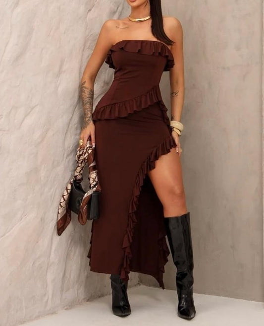 Vintage Ruffled Tube Top Maxi Dress-Brown&Black